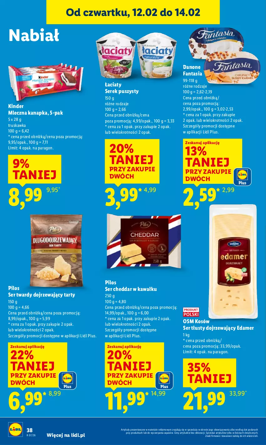Gazetka promocyjna Lidl - GAZETKA - ważna 12.02 do 14.02.2026 - strona 38 - produkty: Cheddar, Danone, Danone Fantasia, Edam, Fa, Fanta, Kawa, Kinder, Mleczna kanapka, Pilos, Ser, Serek, Serek puszysty