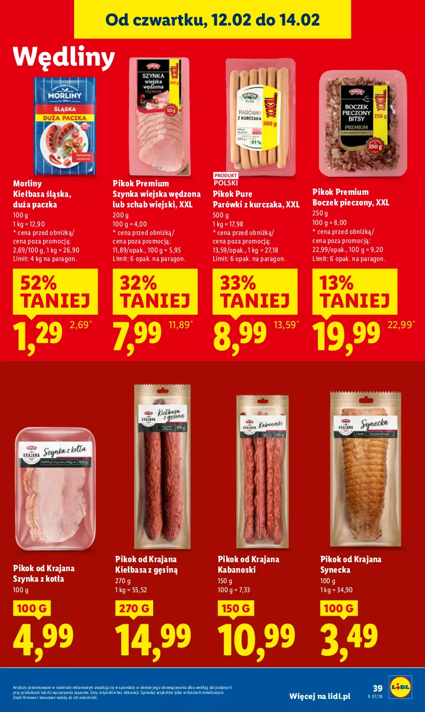 Gazetka promocyjna Lidl - GAZETKA - ważna 12.02 do 14.02.2026 - strona 39 - produkty: Boczek, Boczek pieczony, Kabanos, Kiełbasa, Kiełbasa śląska, Kurczak, Morliny, Parówki, Piec, PIKOK, Pur, Szynka