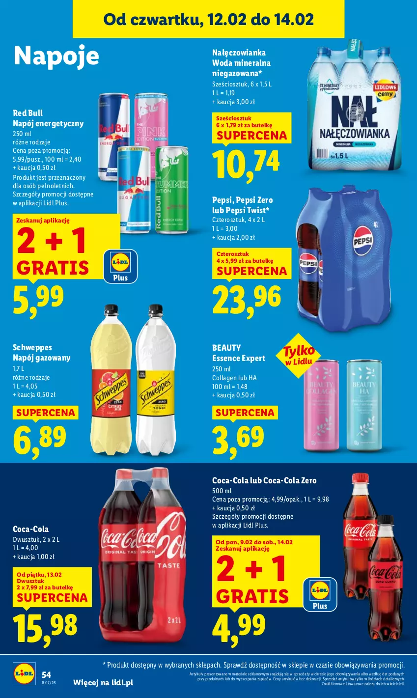 Gazetka promocyjna Lidl - GAZETKA - ważna 12.02 do 14.02.2026 - strona 54 - produkty: Coca-Cola, Gra, Nałęczowianka, Napój, Napój energetyczny, Napój gazowany, Napoje, Pepsi, Red Bull, Schweppes, Woda, Woda mineralna