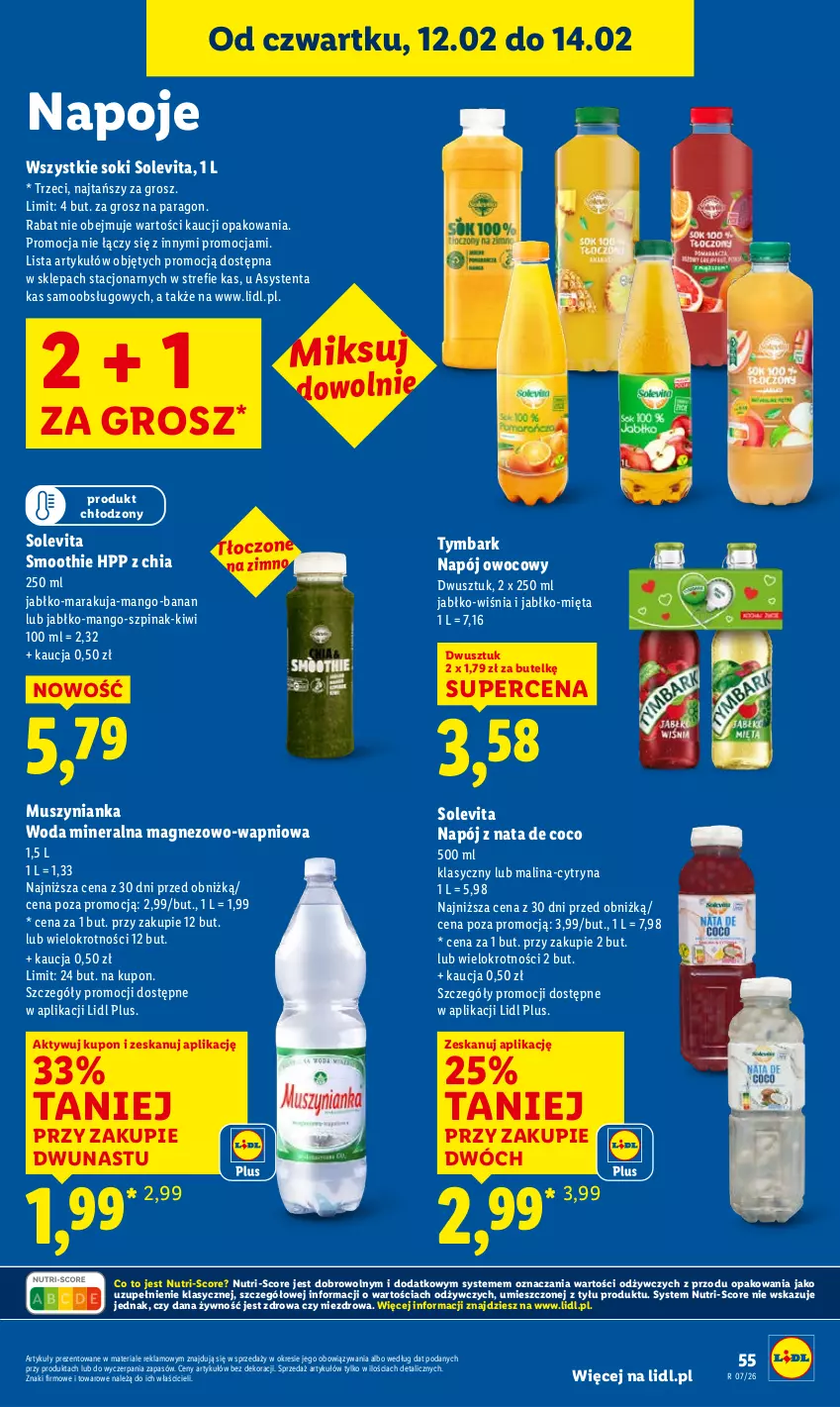 Gazetka promocyjna Lidl - GAZETKA - ważna 12.02 do 14.02.2026 - strona 55 - produkty: Chia, HP, Kiwi, Magnez, Mango, Mięta, Mus, Muszynianka, Napój, Napoje, Smoothie, Sok, Szpinak, Tymbark, Woda, Woda mineralna