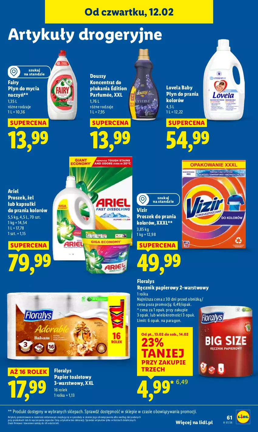 Gazetka promocyjna Lidl - GAZETKA - ważna 12.02 do 14.02.2026 - strona 61 - produkty: Ariel, Do mycia naczyń, Fa, Fairy, Flora, Kapsułki do prania, Lovela, Papier, Papier toaletowy, Płyn do mycia, Płyn do mycia naczyń, Płyn do prania, Proszek do prania, Ręcznik, Vizir