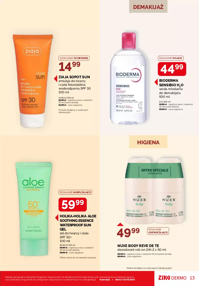 Gazetka promocyjna Ziko - Gazetka Ziko Dermo - ważna 07.05 do 20.05.2026 - strona 13 - produkty: Apteka, Bioderma, Body, Cień, Dezodorant, Emulsja, Krem bb, Makijaż, Nuxe, Ochronny krem, Por, Woda, Woda micelarna, Ziaja