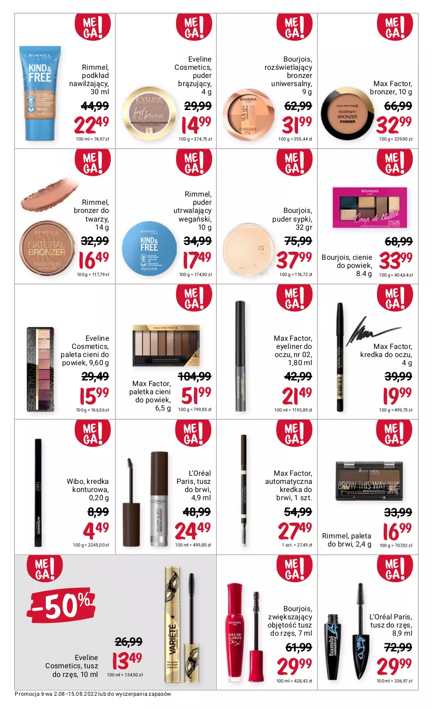 Gazetka promocyjna Rossmann - ważna 02.08 do 15.08.2022 - strona 10 - produkty: Bourjois, Bronzer, Eveline, Fa, Kredka, Kredka do brwi, L’Oréal, Max Factor, Paleta, Paletka cieni, Podkład, Puder, Tusz, Wibo