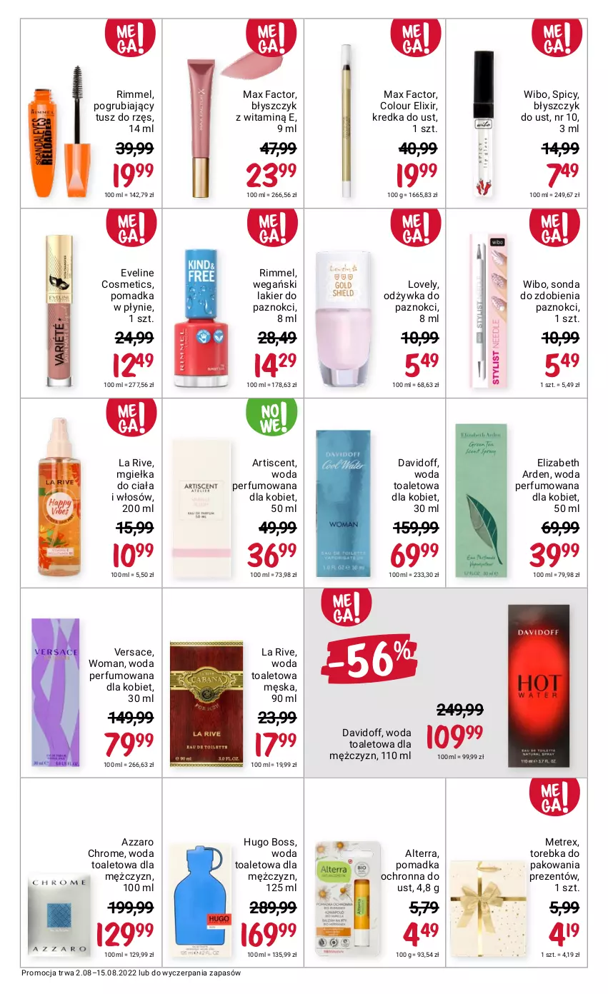 Gazetka promocyjna Rossmann - ważna 02.08 do 15.08.2022 - strona 11 - produkty: Alterra, Azzaro, Błyszczyk do ust, Davidoff, Elizabeth Arden, Eveline, Fa, Hugo Boss, Kredka, La Rive, Lakier, Lakier do paznokci, Lovely, Max Factor, Odżywka, Perfum, Torebka, Tusz, Versace, Wibo, Woda, Woda perfumowana, Woda toaletowa