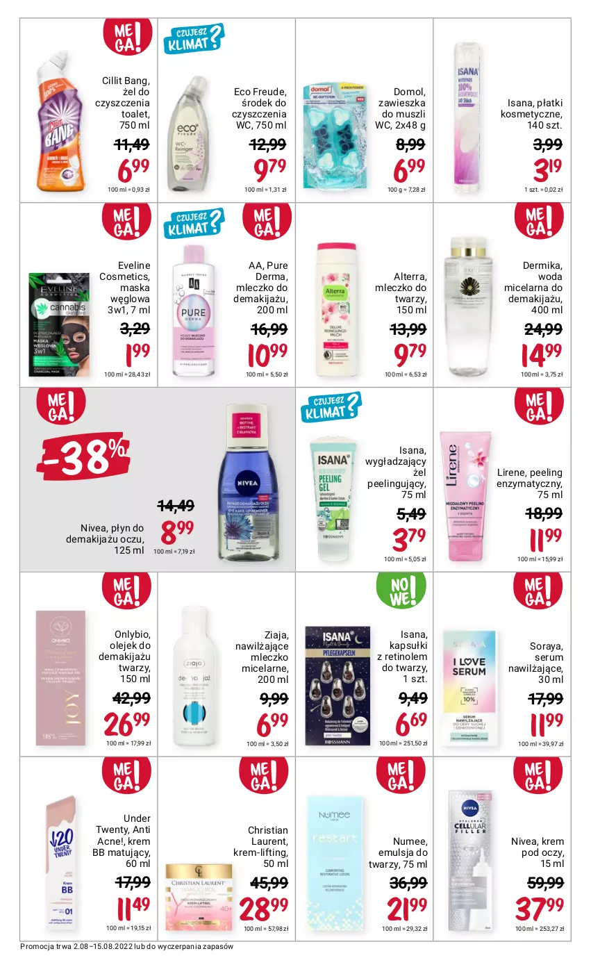 Gazetka promocyjna Rossmann - ważna 02.08 do 15.08.2022 - strona 8 - produkty: Alterra, Cillit Bang, Dermika, Domol, Emulsja, Eveline, Isana, Krem bb, Krem pod oczy, Laur, Lirene, Makijaż, Maska, Mleczko, Mus, Nivea, Olej, Olejek do demakijażu, Peeling, Płatki kosmetyczne, Pur, Rum, Ser, Serum, Woda, Woda micelarna, Ziaja