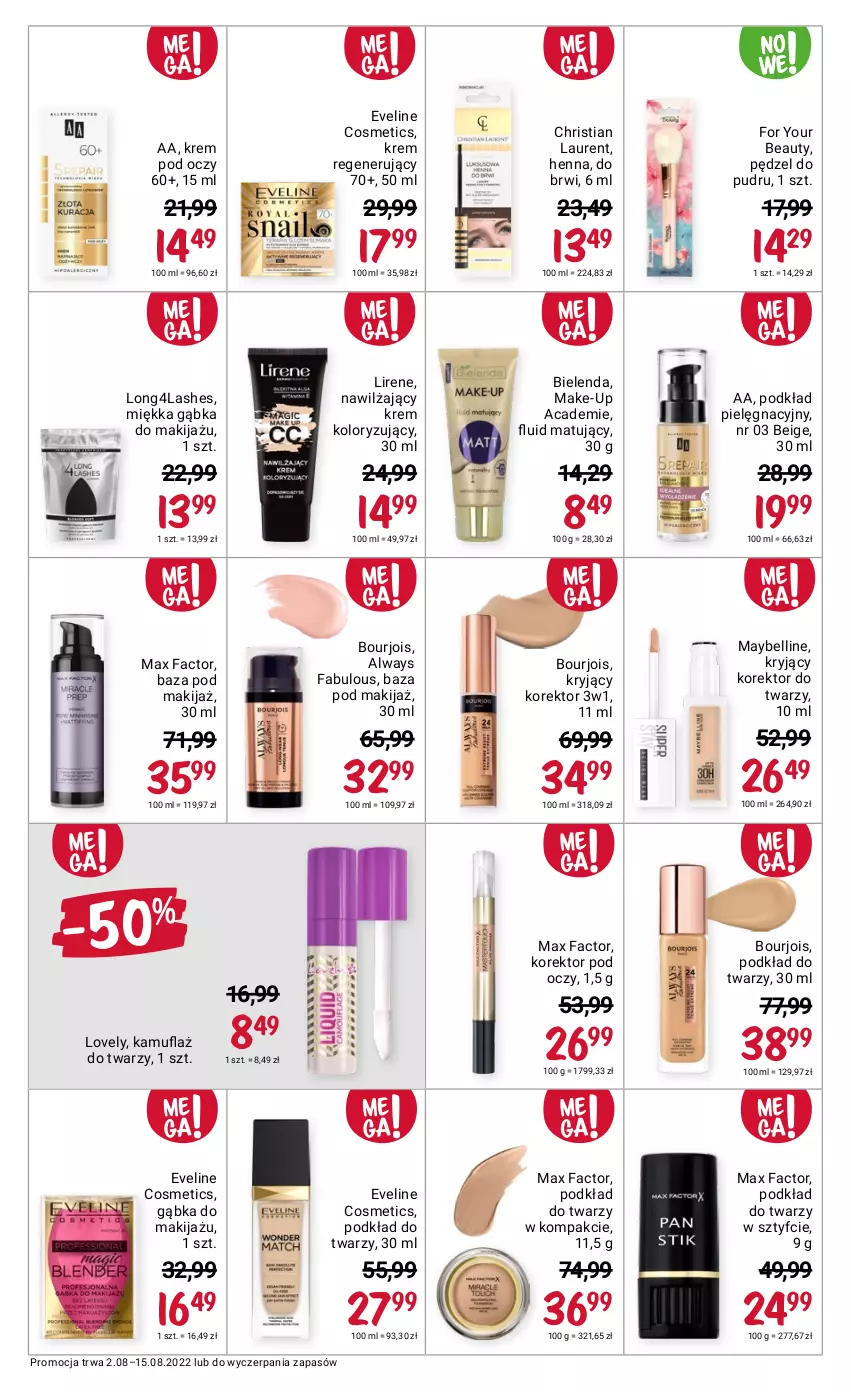 Gazetka promocyjna Rossmann - ważna 02.08 do 15.08.2022 - strona 9 - produkty: Always, Bell, Bielenda, Bourjois, Eveline, Fa, For Your Beauty, Korektor do twarzy, Krem pod oczy, Krem regenerujący, Laur, Lirene, Lovely, Makijaż, Max Factor, Maybelline, Pędzel do pudru, Podkład, Podkład do twarzy