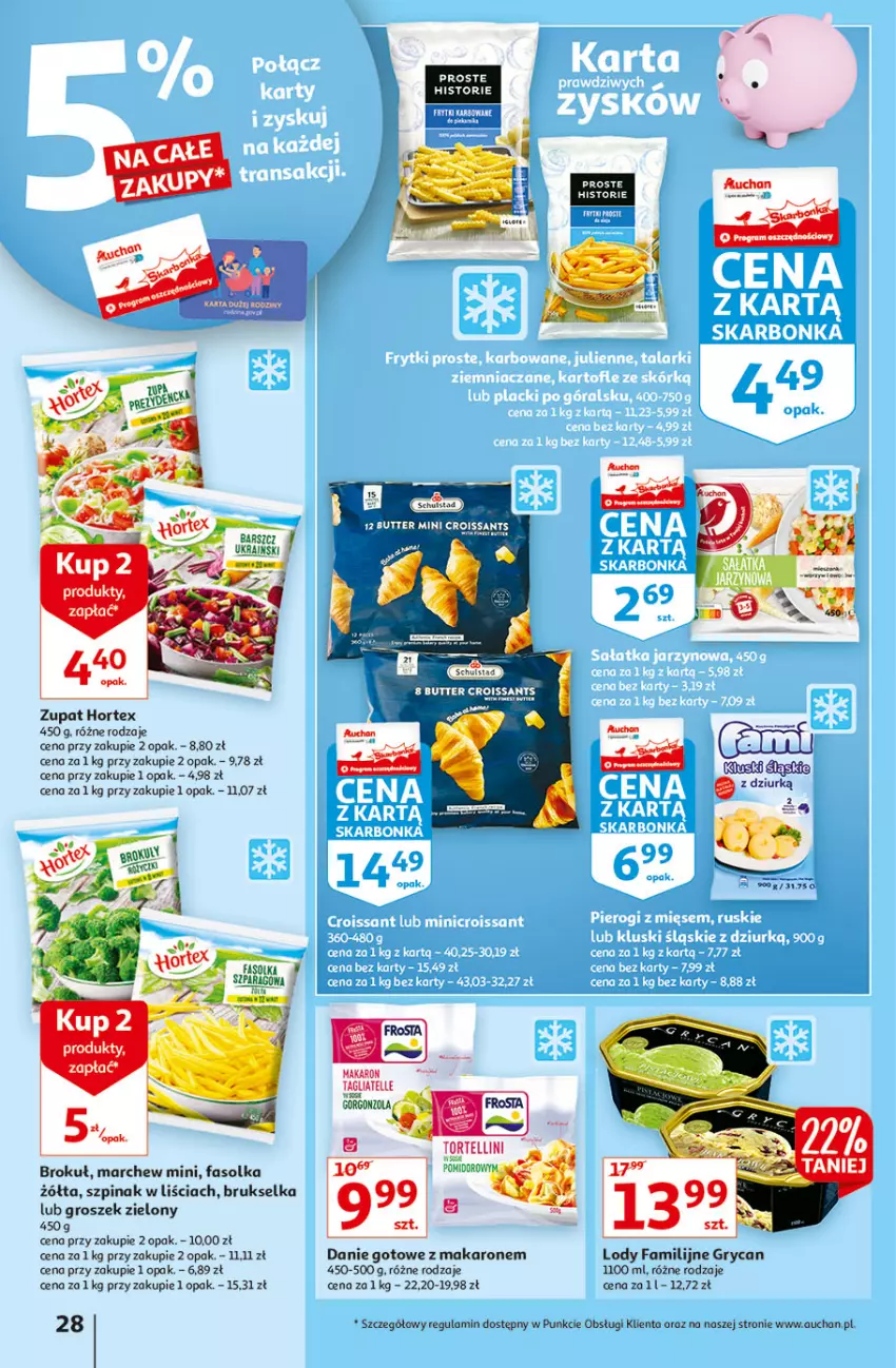 Gazetka promocyjna Auchan - Hiperoszczędzanie w wersji Maxi Paki Hipermarkety - ważna 16.09 do 22.09.2021 - strona 28 - produkty: Brukselka, Croissant, Danie gotowe, Fa, Gra, Groszek, Gry, Hortex, Lody, Makaron, Szpinak, Tagliatelle, Zupa