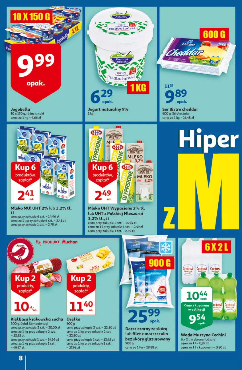 Gazetka promocyjna Auchan - Hiperoszczędzanie w wersji Maxi Paki Hipermarkety - ważna 16.09 do 22.09.2021 - strona 8 - produkty: Bell, Bella, Cheddar, Dorsz, Filet z morszczuka, Jogobella, Kiełbasa, Kiełbasa krakowska, Lazur, Mleko, Mus, Ser, Szyna, Woda