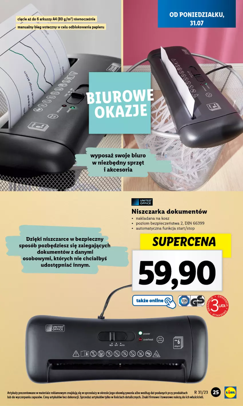 Gazetka promocyjna Lidl - GAZETKA - ważna 31.07 do 05.08.2023 - strona 25 - produkty: Biuro, Kosz, Niszczarka, Papier, Piec, Top