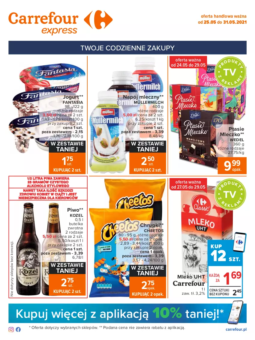 Gazetka promocyjna Carrefour - Gazetka Express - ważna 24.05 do 31.05.2021 - strona 1 - produkty: Cheetos, Chrupki, Fa, Fanta, Gra, Jogurt, Kosz, Kozel, Mleczko, Mleko, Müller, Müllermilch, Napój, Napój mleczny, Piec, Piwa, Piwo, Ptasie mleczko