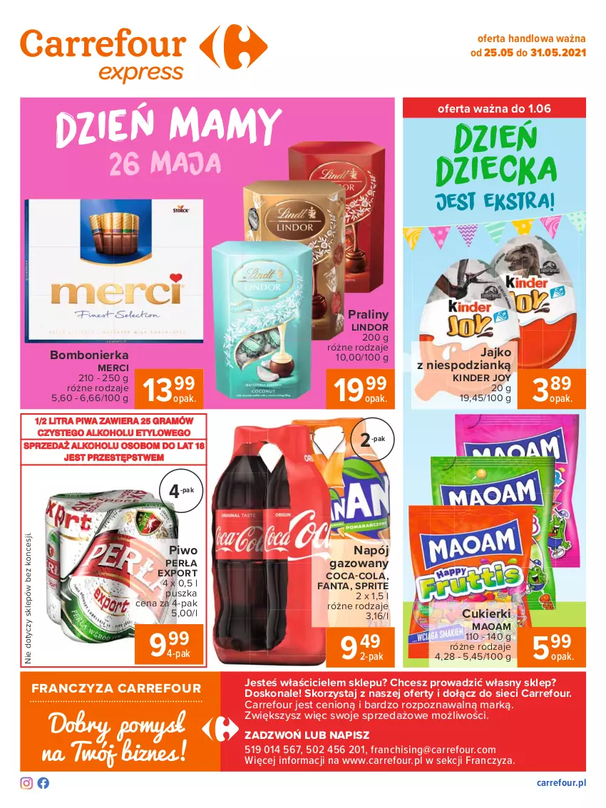 Gazetka promocyjna Carrefour - Gazetka Express - ważna 24.05 do 31.05.2021 - strona 2 - produkty: Coca-Cola, Cukier, Cukierki, Fa, Fanta, Gra, Kinder, Lindor, Merci, Napój, Napój gazowany, Perła, Piwa, Piwo, Por, Praliny, Sprite