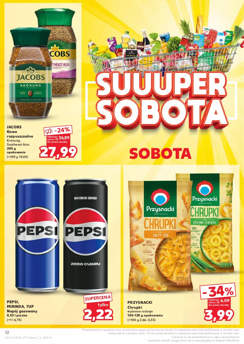 Gazetka promocyjna Kaufland - Gazetka tygodnia - ważna 25.07 do 31.07.2024 - strona 12 - produkty: 7up, Chrupki, Jacobs, Kawa, Kawa rozpuszczalna, Mirinda, Napój, Napój gazowany, Pepsi, Przysnacki, Rama, Sok