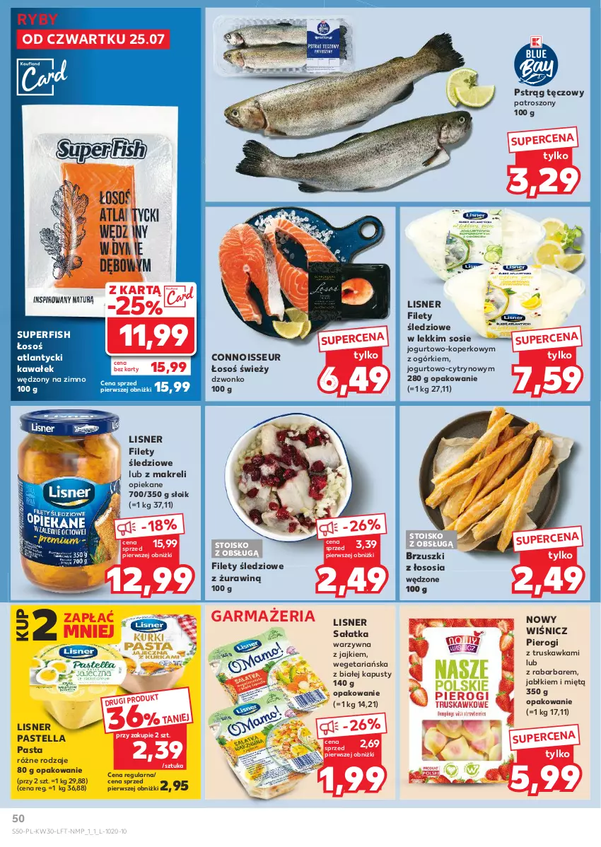 Gazetka promocyjna Kaufland - Gazetka tygodnia - ważna 25.07 do 31.07.2024 - strona 50 - produkty: Brzuszki z łososia, Jogurt, Kawa, Lisner, Pastella, Pierogi, Pstrąg, Pstrąg tęczowy, Sałat, Sałatka, Sałatka warzywna, Sos, Wałek