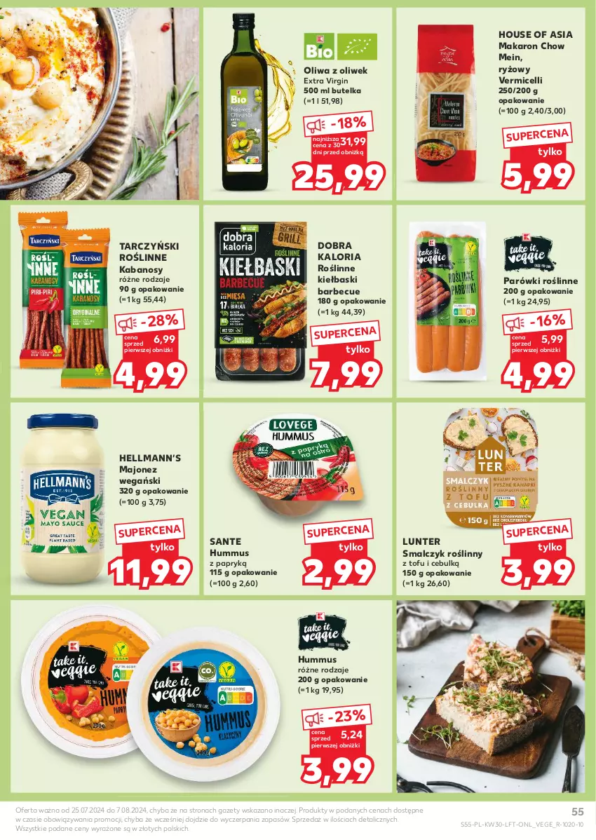 Gazetka promocyjna Kaufland - Gazetka tygodnia - ważna 25.07 do 31.07.2024 - strona 55 - produkty: Gin, Hellmann’s, House of Asia, Hummus, Kabanos, Majonez, Makaron, Mus, Oliwa z oliwek, Parówki, Roślinne kabanosy, Roślinne kiełbaski, Ryż, Sante, Tarczyński, Tofu