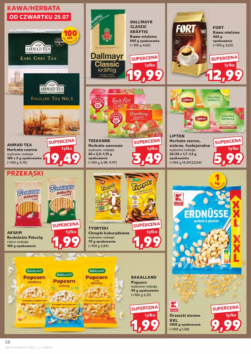 Gazetka promocyjna Kaufland - Gazetka tygodnia - ważna 25.07 do 31.07.2024 - strona 58 - produkty: Aksam, Bakalland, Beskidzki, Chrupki, Dallmayr, Gry, Herbata, Herbata czarna, Herbata owocowa, Kawa, Kawa mielona, Lipton, Orzeszki, Orzeszki ziemne, Popcorn, Teekanne