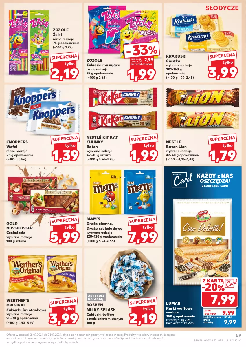 Gazetka promocyjna Kaufland - Gazetka tygodnia - ważna 25.07 do 31.07.2024 - strona 59 - produkty: Baton, Ciastka, Cukier, Cukierki, Czekolada, Gin, Kit Kat, Knoppers, Krakus, Krakuski, Lion, Mus, Nestlé, Rurki, Ser