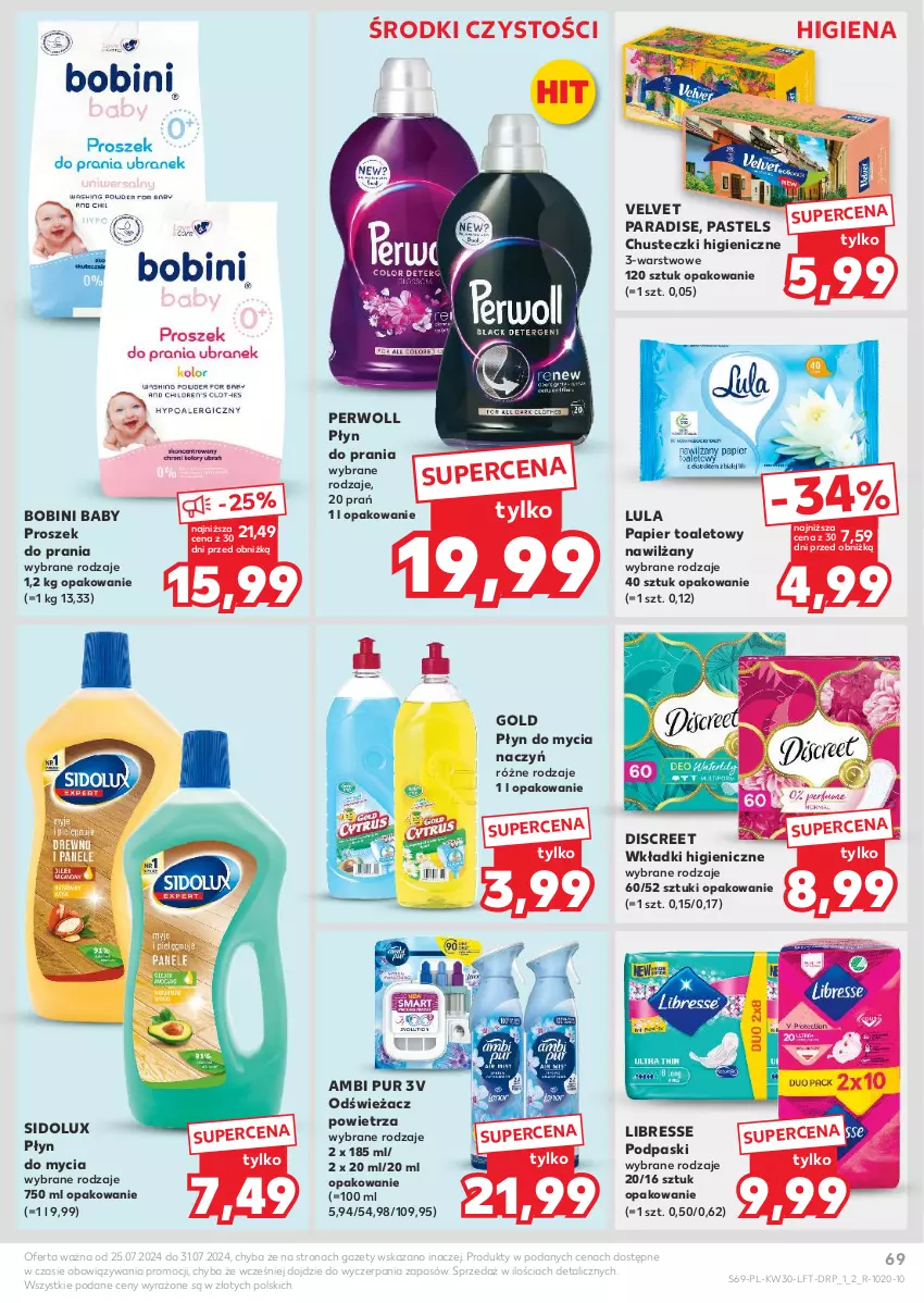 Gazetka promocyjna Kaufland - Gazetka tygodnia - ważna 25.07 do 31.07.2024 - strona 69 - produkty: Ambi Pur, Chusteczki, Discreet, Do mycia naczyń, Odświeżacz powietrza, Papier, Papier toaletowy, Perwoll, Płyn do mycia, Płyn do mycia naczyń, Płyn do prania, Podpaski, Proszek do prania, Pur, Sidolux, Velvet, Wkładki