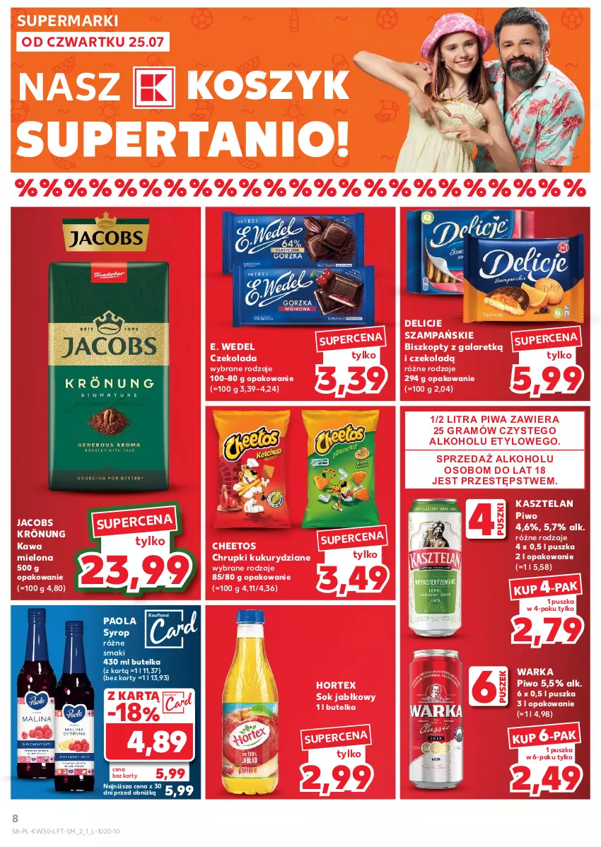 Gazetka promocyjna Kaufland - Gazetka tygodnia - ważna 25.07 do 31.07.2024 - strona 8 - produkty: Biszkopty, Cheetos, Chrupki, Czekolada, Delicje, E. Wedel, Gala, Gra, Hortex, Jacobs, Jacobs Krönung, Kasztelan, Kawa, Kawa mielona, Kosz, Paola, Piwa, Piwo, Sok, Sok jabłkowy, Syrop, Warka