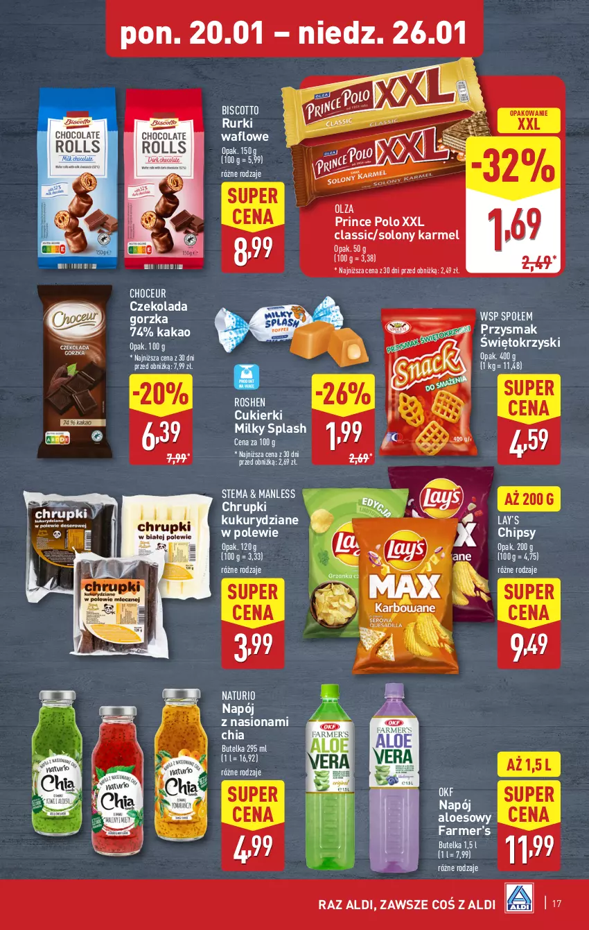 Gazetka promocyjna Aldi - Pełna oferta - ważna 20.01 do 26.01.2025 - strona 17 - produkty: Chia, Chipsy, Chrupki, Cukier, Cukierki, Czekolada, Czekolada gorzka, Fa, Kakao, Lay’s, Napój, Prince Polo, Rurki