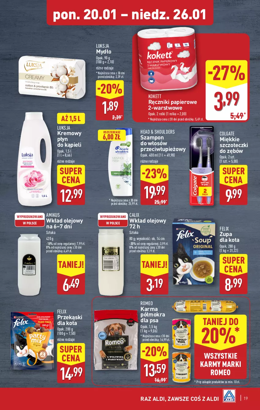 Gazetka promocyjna Aldi - Pełna oferta - ważna 20.01 do 26.01.2025 - strona 19 - produkty: Colgate, Felix, LG, Luksja, Mydło, Olej, Papier, Płyn do kąpieli, Przekąski dla kota, Ręcznik, Ręczniki papierowe, Rolki, Sok, Szampon, Wkład olejowy, Zupa