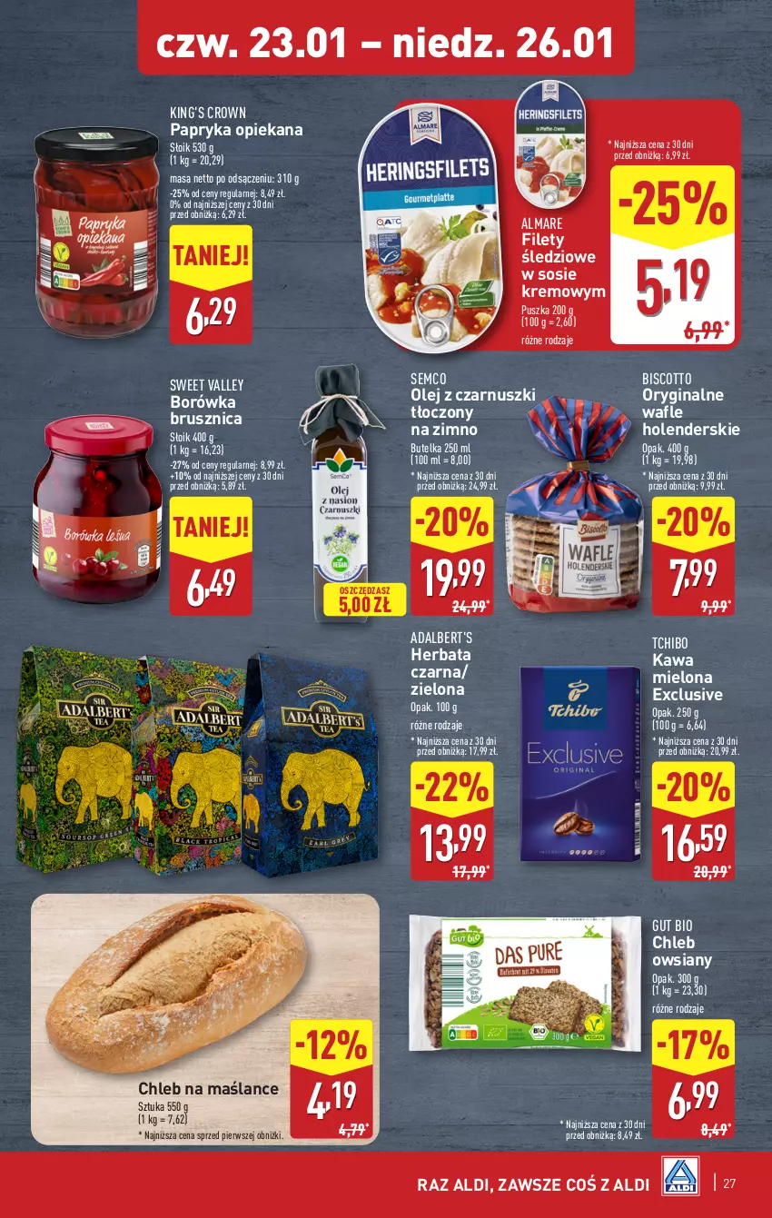 Gazetka promocyjna Aldi - Pełna oferta - ważna 20.01 do 26.01.2025 - strona 27 - produkty: Borówka, Borówka brusznica, Chleb, Gin, Herbata, Herbata czarna, Kawa, Kawa mielona, Olej, Olej z czarnuszki, Papryka, Sos, Tchibo, Wafle