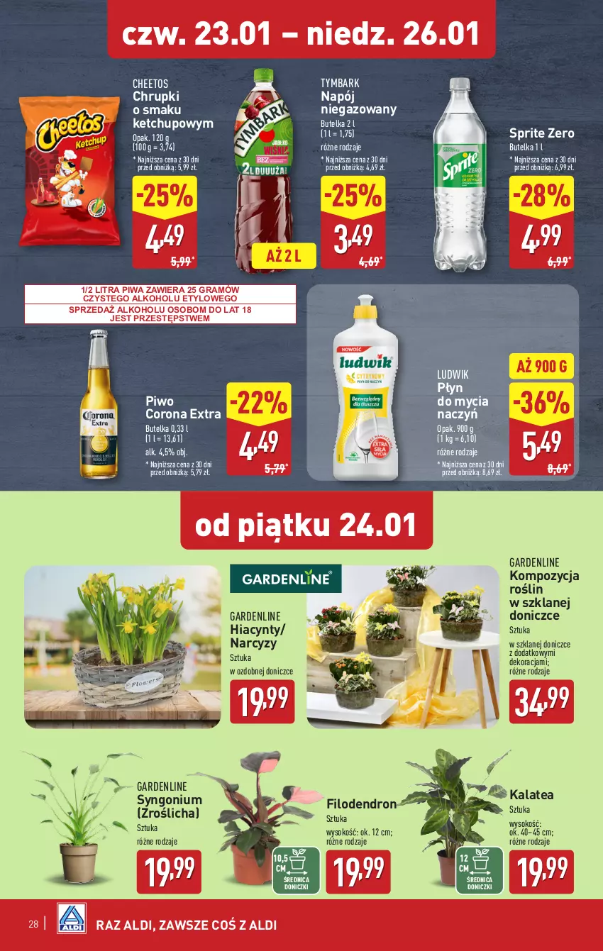 Gazetka promocyjna Aldi - Pełna oferta - ważna 20.01 do 26.01.2025 - strona 28 - produkty: Cheetos, Chrupki, Corona Extra, Do mycia naczyń, Dron, Gra, Hiacynt, Ketchup, Ludwik, Napój, Napój niegazowany, Narcyz, Piwa, Piwo, Płyn do mycia, Płyn do mycia naczyń, Sok, Sprite, Tymbark