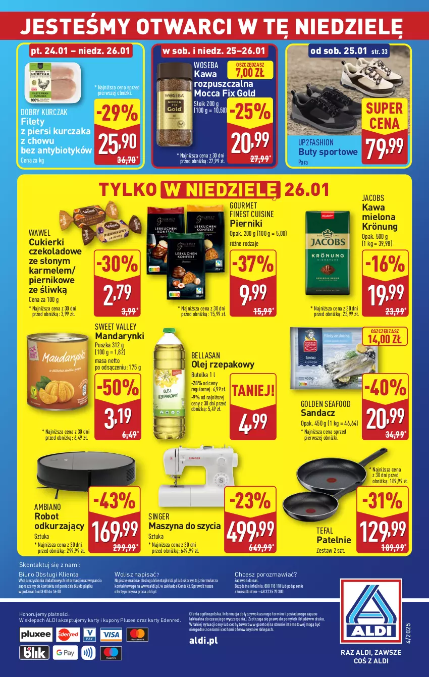 Gazetka promocyjna Aldi - Pełna oferta - ważna 20.01 do 26.01.2025 - strona 36 - produkty: Bell, Bella, Biuro, Buty, Cukier, Cukierki, Cukierki czekoladowe, Fa, Golden Seafood, Jacobs, Kawa, Kawa mielona, Kawa rozpuszczalna, Kurczak, Mandarynki, Mocca Fix Gold, O nas, Olej, Olej rzepakowy, Piernik, Por, Robot, Sandacz, Sport, Szyna, Tefal, Wawel, Woseba