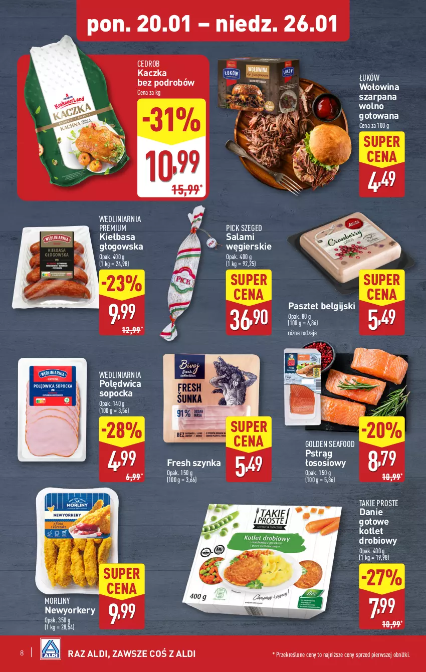 Gazetka promocyjna Aldi - Pełna oferta - ważna 20.01 do 26.01.2025 - strona 8 - produkty: Danie gotowe, Golden Seafood, Kaczka, Kiełbasa, Kiełbasa głogowska, Kotlet, LG, Morliny, Pasztet, Polędwica, Pstrąg, Pstrąg łososiowy, Salami, Sos, Szynka, Wołowina