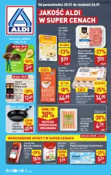 Gazetka promocyjna Aldi - Pełna oferta - Gazetka - ważna od 26.01 do 26.01.2025 - strona 1 - produkty: Makaron, Mięso mielone, Mięso mielone z łopatki wieprzowej, Ser, Hofburger, Papier, Cukier, Kawa ziarnista, Królewski, Jaja, Parówki, Parówki z szynki, Mięsne specjały, Dallmayr, Kawa, Papier toaletowy, Burger, Boczek, Patelnia, Mięso