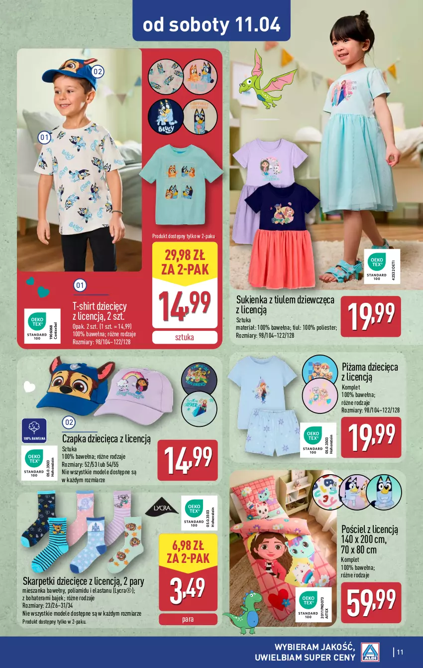 Gazetka promocyjna Aldi - Artykuły przemysłowe i tekstylia - ważna 08.04 do 11.04.2026 - strona 11 - produkty: Czapka, Dzieci, Karp, Piżama, Pościel, Skarpetki, Sukienka, T-shirt, Tera, Wełna