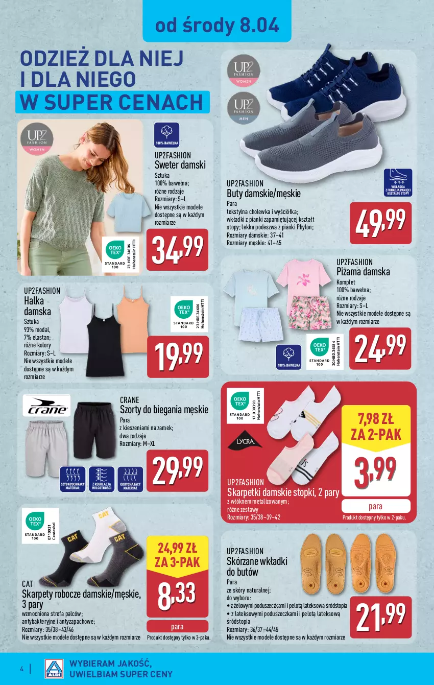 Gazetka promocyjna Aldi - Artykuły przemysłowe i tekstylia - ważna 08.04 do 11.04.2026 - strona 4 - produkty: Buty, Fa, Karp, Moda, Piżama, Skarpetki, Sweter, Szorty, Top, Wełna, Wkładki