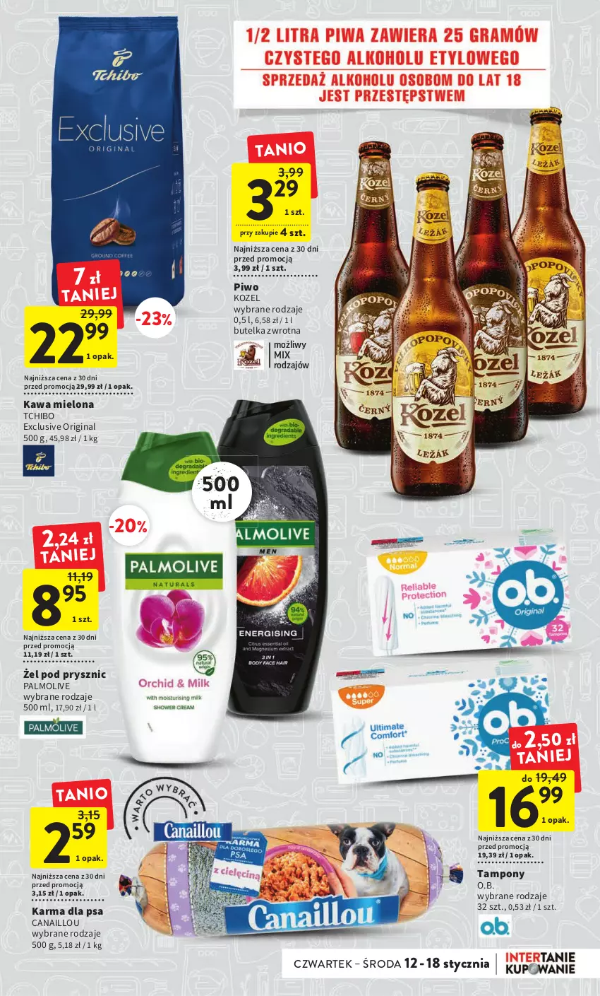 Gazetka promocyjna Intermarche - Gazetka Intermarche - ważna 12.01 do 18.01.2023 - strona 3 - produkty: Canaillou, Gin, Kawa, Kawa mielona, Kozel, O.B., Palmolive, Piwo, Tampony, Tchibo