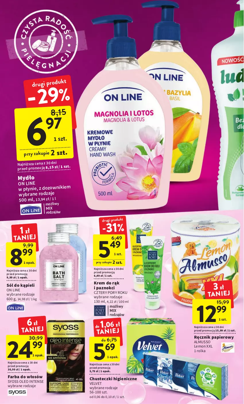 Gazetka promocyjna Intermarche - Gazetka Intermarche - ważna 12.01 do 18.01.2023 - strona 34 - produkty: Chusteczki, Dozownik, Fa, Farba do włosów, Krem do rąk, Mus, Mydło, Oleo, Papier, Por, Ręcznik, Sól, Sól do kąpieli, Syoss, Velvet