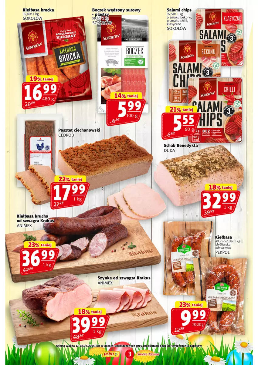 Gazetka promocyjna Prim Market - ważna 17.04 do 23.04.2025 - strona 3 - produkty: Beko, Boczek, Gra, Kiełbasa, Krakus, Pekpol, Salami, Sok, Sokołów, Szynka