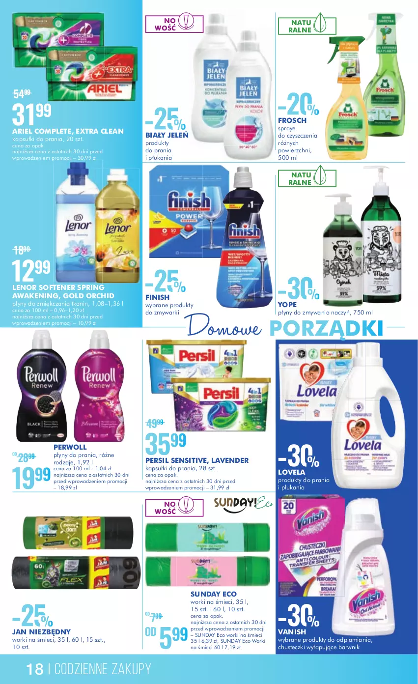 Gazetka promocyjna Super Pharm - Gazetka - ważna 09.01 do 25.01.2023 - strona 18 - produkty: Ariel, Biały Jeleń, Chusteczki, Finish, Frosch, Jan Niezbędny, Kapsułki do prania, Lenor, Lovela, Persil, Perwoll, Por, Vanish, Worki na śmiec, Worki na śmieci, Yope, Zmywarki