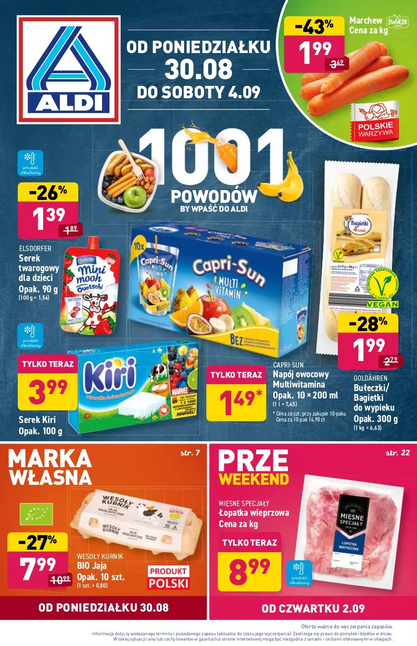 Gazetka promocyjna Aldi - ważna 30.08 do 04.09.2021 - strona 1 - produkty: Bułeczki, Dzieci, Jaja, Mięsne specjały, Napój, Ser, Serek, Serek twarogowy, Tera