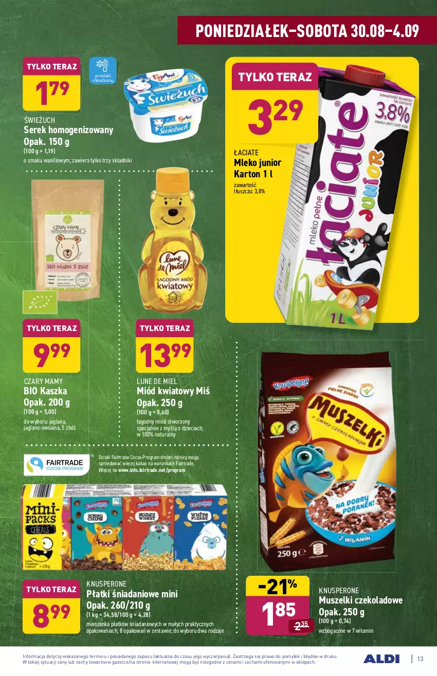 Gazetka promocyjna Aldi - ważna 30.08 do 04.09.2021 - strona 13 - produkty: Danio, Dzieci, Fa, Gra, Kakao, LANA, Miód, Mleko, Mus, Ser, Serek, Serek homogenizowany, Tera