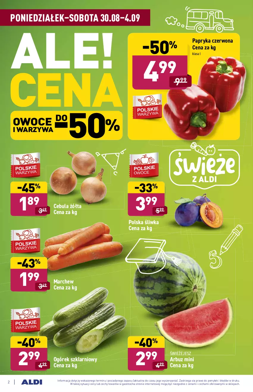 Gazetka promocyjna Aldi - ważna 30.08 do 04.09.2021 - strona 2 - produkty: Arbuz, Cebula, Ogórek, Owoce, Papryka, Papryka czerwona, Warzywa