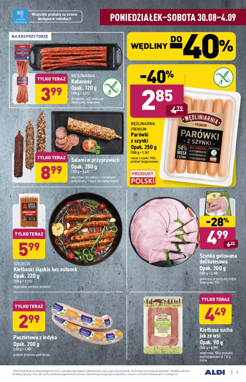 Gazetka promocyjna Aldi - ważna 30.08 do 04.09.2021 - strona 5 - produkty: Kabanos, Kiełbasa, Kiełbaski śląskie, Lodówka, Mięso, Mięso wieprzowe, Mus, Parówki, Parówki z szynki, Pasztet, Salami, Sok, Sokołów, Szynka, Tera