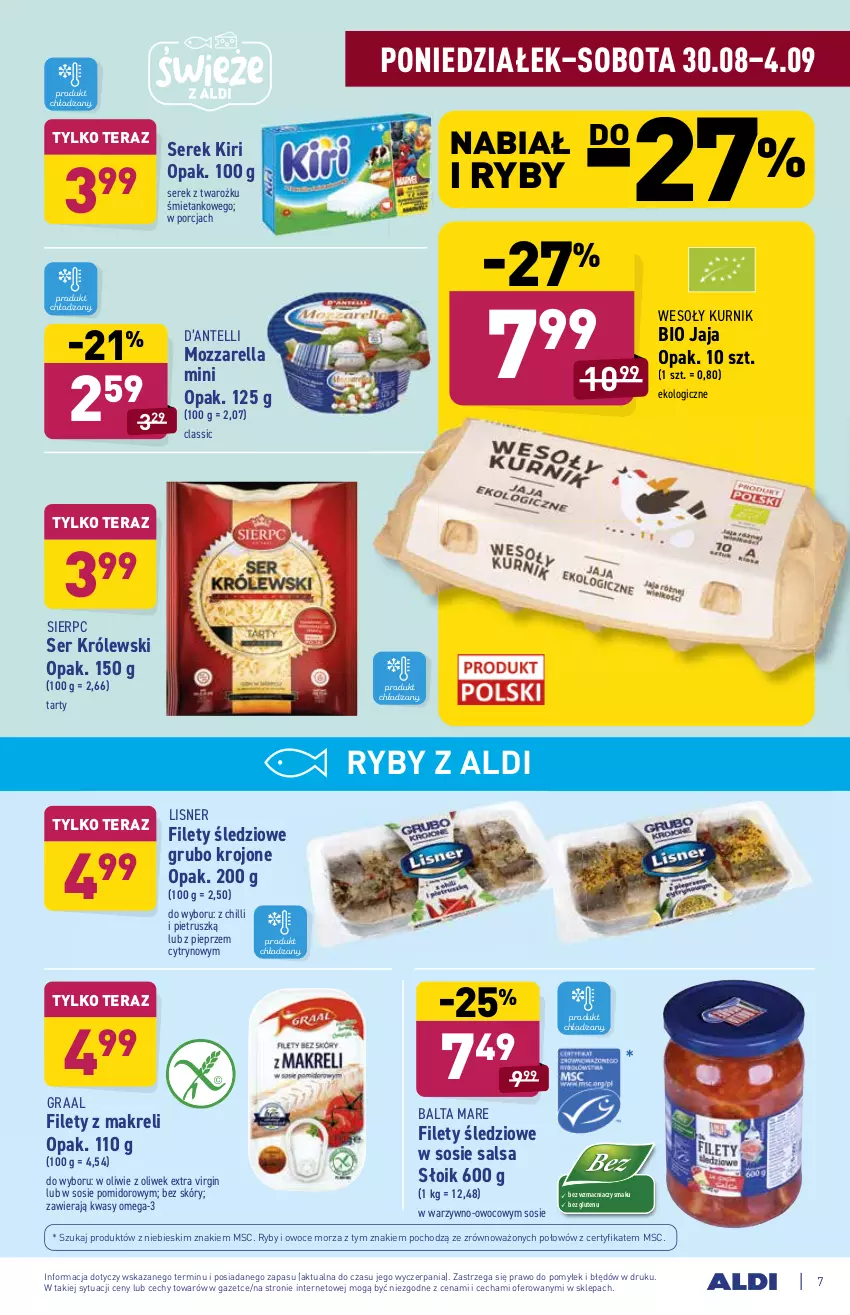 Gazetka promocyjna Aldi - ważna 30.08 do 04.09.2021 - strona 7 - produkty: Balta Mare, Gin, Gra, Graal, Jaja, Królewski, Lisner, Mozzarella, Omega-3, Owoce, Owoce morza, Pieprz, Por, Ryby i owoce morza, Salsa, Ser, Serek, Sos, Tera