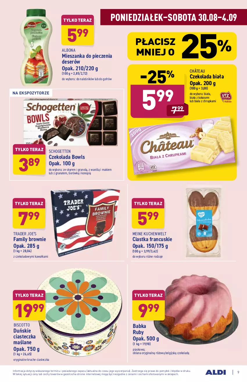 Gazetka promocyjna Aldi - ważna 30.08 do 04.09.2021 - strona 9 - produkty: Albona, Babka, Brownie, Ciastka, Czekolada, Deser, Fa, Gin, Gra, Granat, Kawa, Kokos, LANA, LG, Piec, Schogetten, Ser, Tera