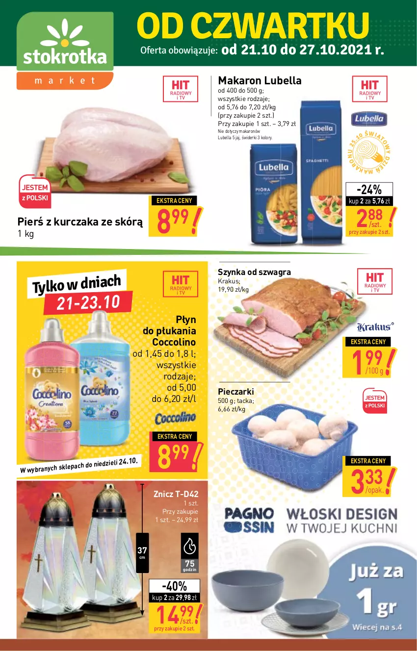 Gazetka promocyjna Stokrotka - Market - ważna 21.10 do 27.10.2021 - strona 1 - produkty: Bell, Bella, Coccolino, Gra, Krakus, Kurczak, Lubella, Makaron, Piec, Płyn do płukania, Szynka, Znicz