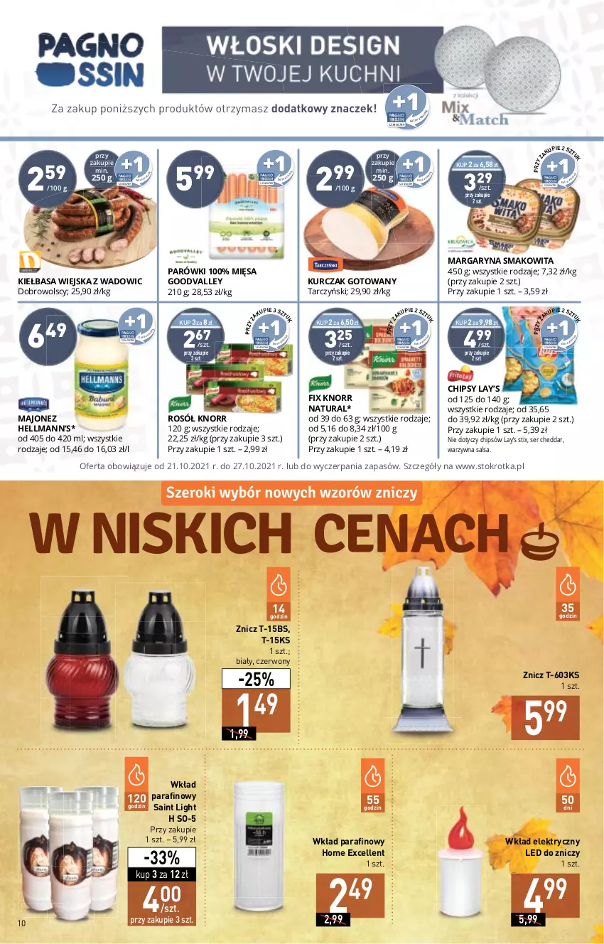 Gazetka promocyjna Stokrotka - Market - ważna 21.10 do 27.10.2021 - strona 10 - produkty: Cheddar, Chipsy, Hellmann’s, Kiełbasa, Kiełbasa wiejska, Knorr, Kurczak, Kurczak gotowany, Lay’s, Majonez, Margaryna, Parówki, Rosół, Salsa, Ser, Smakowita, Tarczyński, Znicz