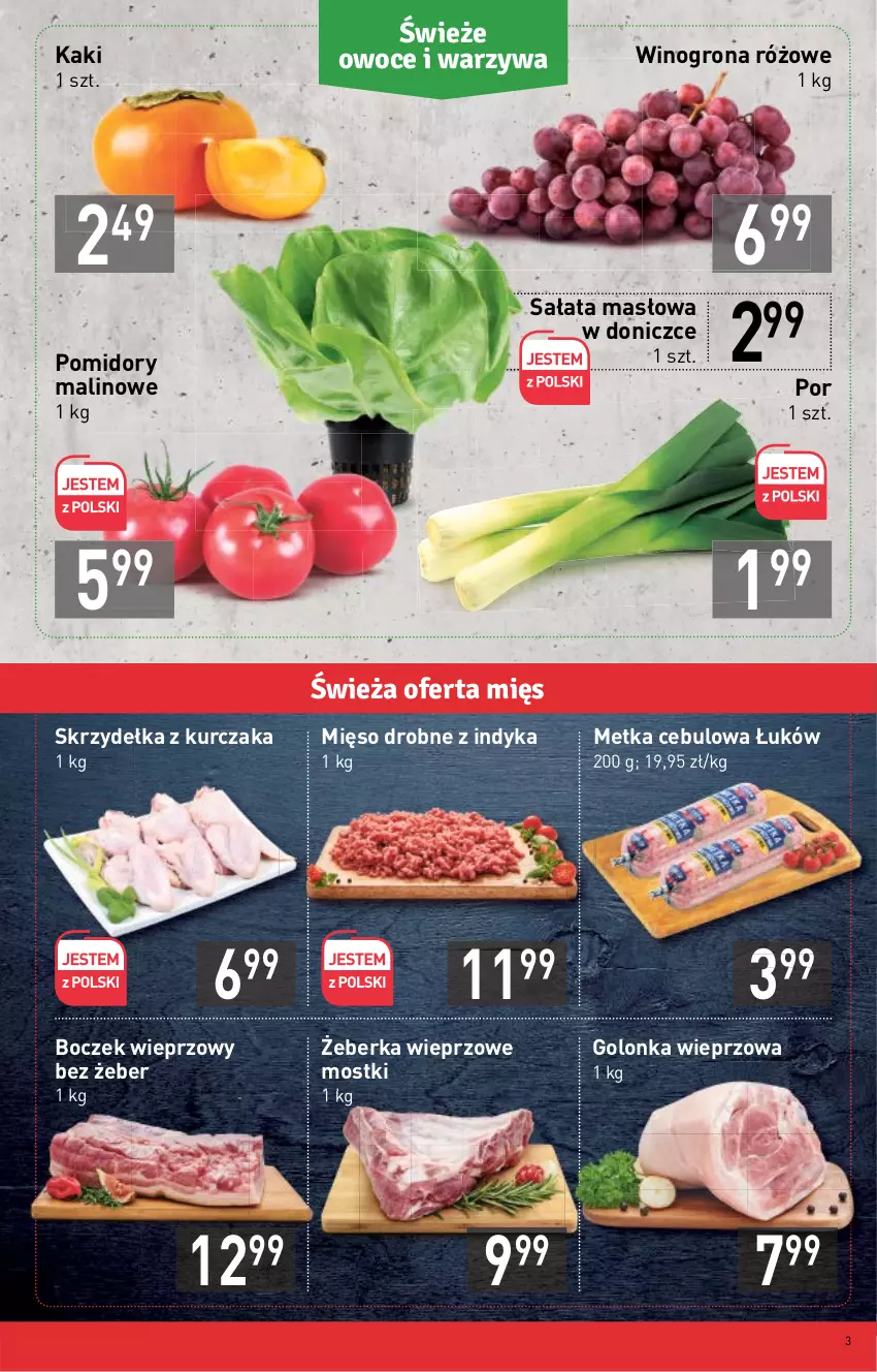 Gazetka promocyjna Stokrotka - Market - ważna 21.10 do 27.10.2021 - strona 3 - produkty: Boczek, Boczek wieprzowy, Golonka wieprzowa, Kaki, Kurczak, Masło, Mięso, Owoce, Pomidory, Por, Sałat, Sałata masłowa, Skrzydełka z kurczaka, Warzywa, Wino, Winogrona