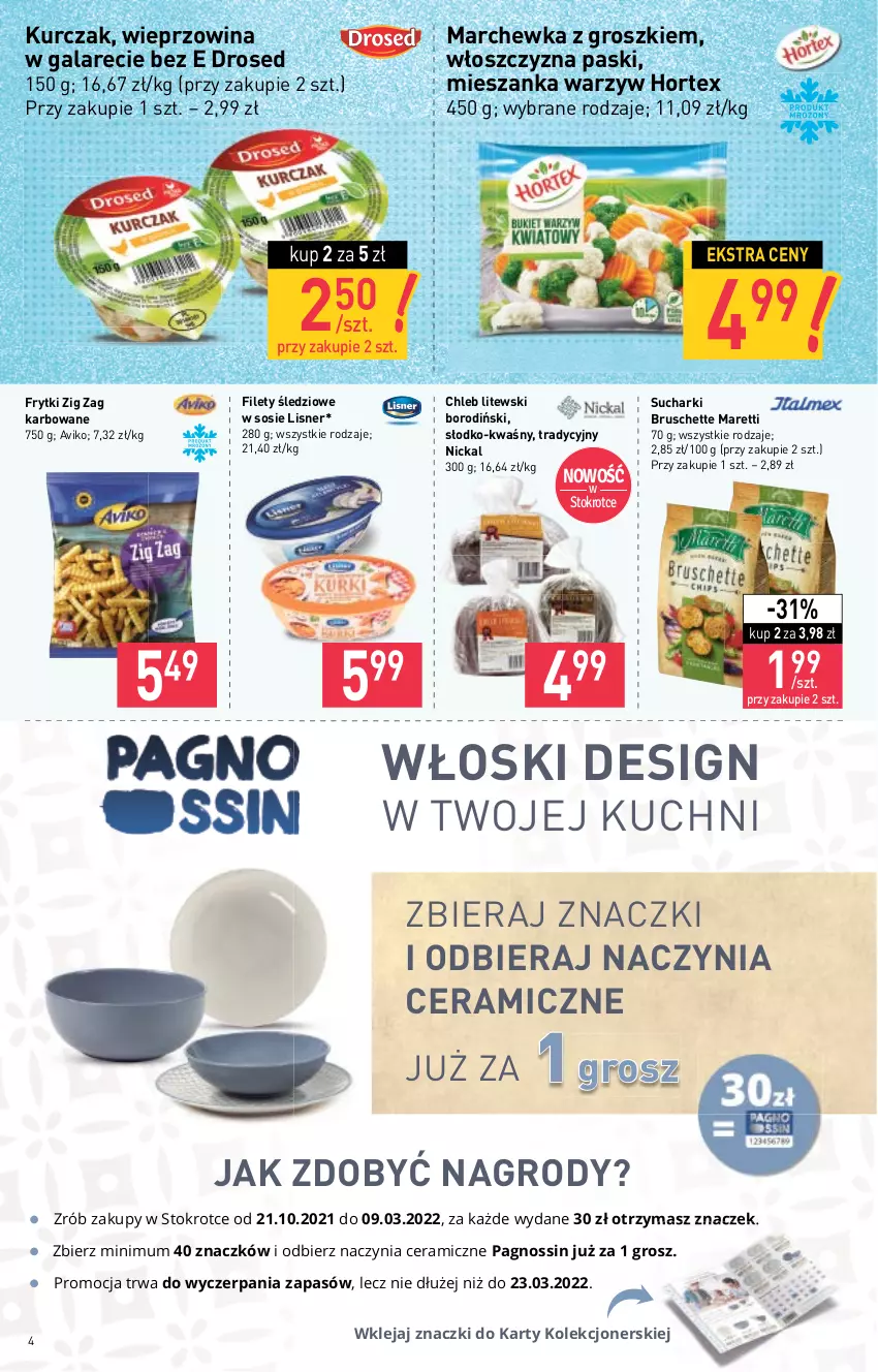 Gazetka promocyjna Stokrotka - Market - ważna 21.10 do 27.10.2021 - strona 4 - produkty: Bruschette, Chleb, Frytki, Gala, Hortex, Klej, Kurczak, Lisner, Marchewka, Mieszanka warzyw, Sos, Wieprzowina