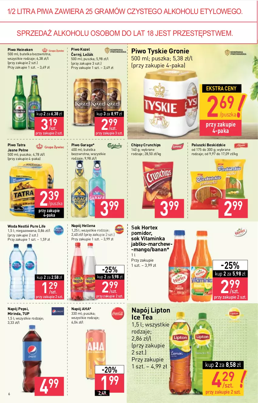 Gazetka promocyjna Stokrotka - Market - ważna 21.10 do 27.10.2021 - strona 6 - produkty: 7up, Beskidzki, Chipsy, Crunchips, Gra, Heineken, Hellena, Hortex, Ice tea, Inka, Kozel, Lipton, Mango, Mirinda, Napój, Nestlé, Pepsi, Piwa, Piwo, Pur, Sok, Tatra, Tyskie, Woda