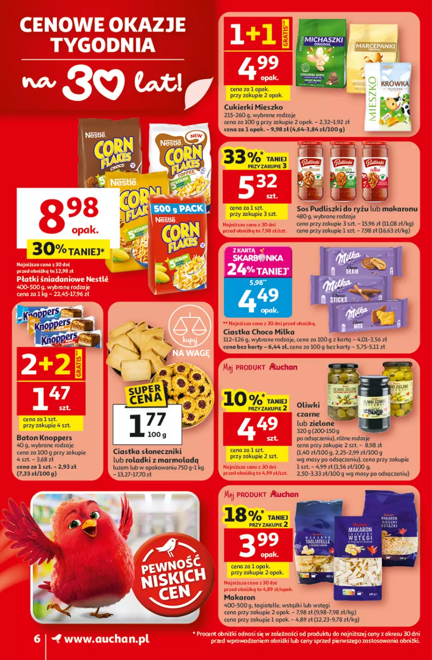 Gazetka promocyjna Auchan - Gazetka 30 Lat Supermarket Auchan - ważna 09.04 do 15.04.2026 - strona 6 - produkty: Baton, Ciastka, Cukier, Cukierki, Fa, Knoppers, Makaron, Milka, Mola, Oliwki, Pudliszki, Ryż, Sos, Tagliatelle