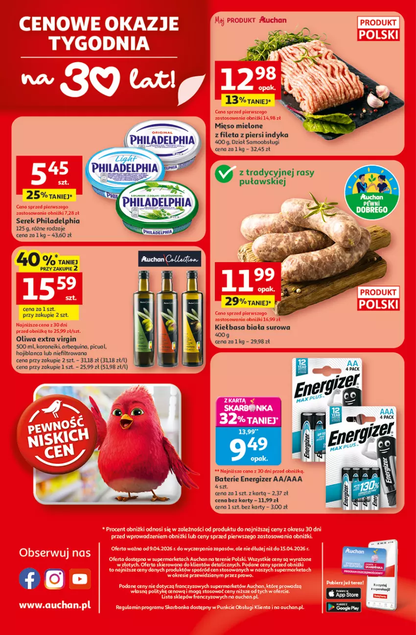 Gazetka promocyjna Auchan - Gazetka 30 Lat Supermarket Auchan - ważna 09.04 do 15.04.2026 - strona 8 - produkty: Energizer, Gin, Kiełbasa, Kiełbasa biała, Philadelphia, Ser, Serek