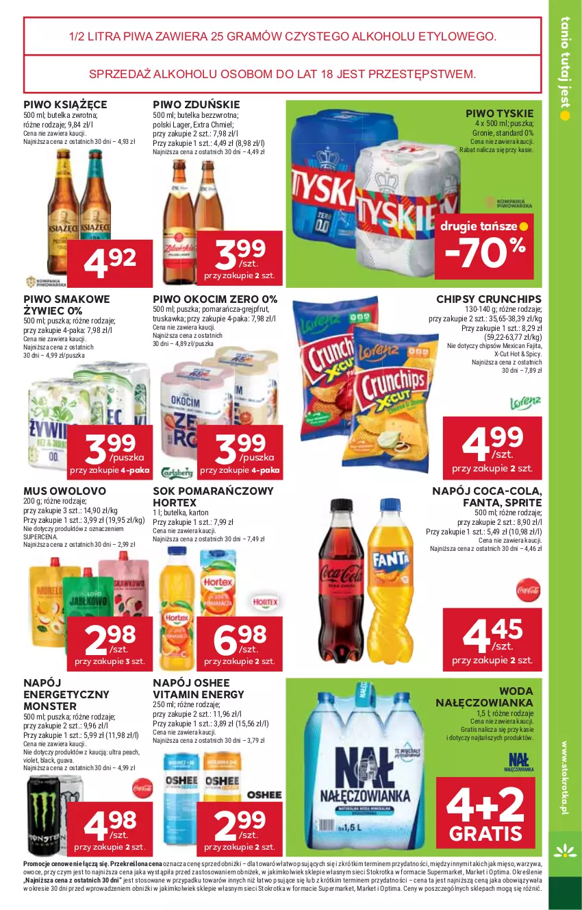 Gazetka promocyjna Stokrotka - Supermarket - ważna 23.07 do 29.07.2026 - strona 41 - produkty: Chipsy, Coca-Cola, Crunchips, Fa, Fanta, Gra, Grejpfrut, Hortex, Koc, Książęce, Lack, Mięso, Mus, Nałęczowianka, Napój, Napój energetyczny, Okocim, Optima, Oshee, Owoce, Piwa, Piwo, Sok, Sok pomarańczowy, Sprite, Tyskie, Warzywa, Woda