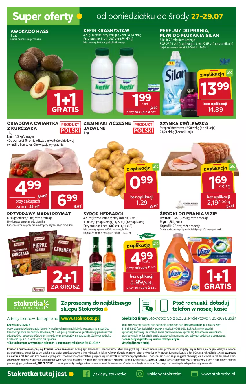 Gazetka promocyjna Stokrotka - Supermarket - ważna 23.07 do 29.07.2026 - strona 48 - produkty: Dres, Gra, Herbapol, Imbir, JBL, Kefir, Kurczak, Mięso, Miód, O nas, Optima, Owoce, Perfum, Piernik, Płyn do płukania, Prymat, Przyprawy, Silan, Sok, Syrop, Szynka, Szynka Królewska, Telefon, Torebka, Vizir, Wagi, Warzywa, Ziemniaki